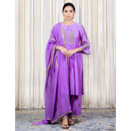 Purple Gathered Kurta Set with Hand Embroidery